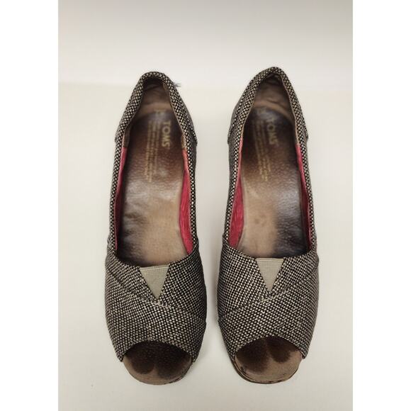 TOMS Women's Brown Fabric Cork Wedge Peep Toe Sandals Heels Shoes Platform Sz 7 - Picture 5 of 7